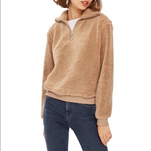 Topshop Quarter Zip Fleece Teddy Sweatshirt In Tan Pullover Jacket  Size 12 - Picture 1 of 7